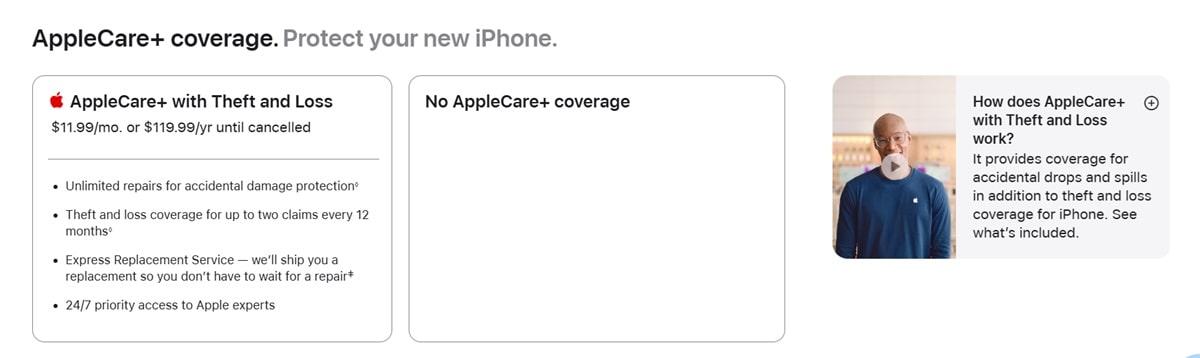 Apple product page showing AppleCare+ upselling option with monthly pricing and protection benefits, demonstrating effective add-on upselling strategy